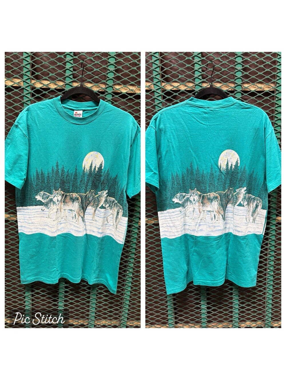 Vintage Wolf Pack Shirt Size Large Aop Teal Nature Forest Wolves Single Stitch